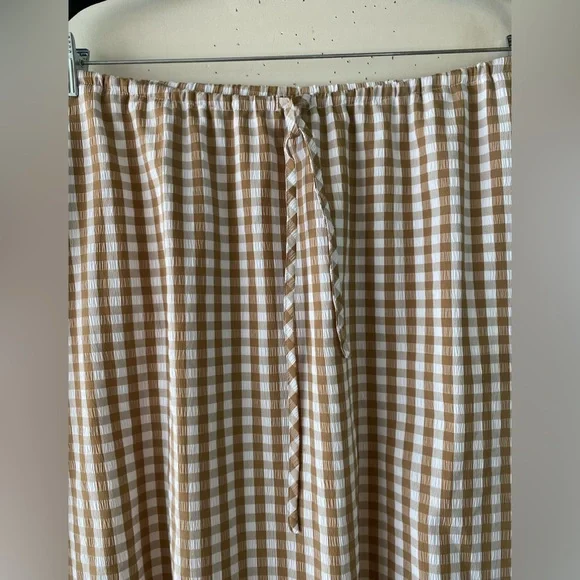 Emerson Lang Tan Gingham Bubble Midi Skirt Size M Tan White Plaid Lined - Picture 5 of 11